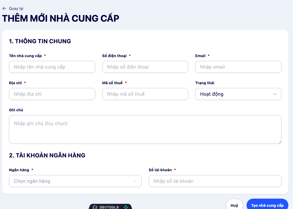 Màn hình thêm mới nhà cung cấp