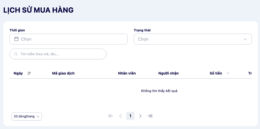 Màn hình lịch sử mua hàng