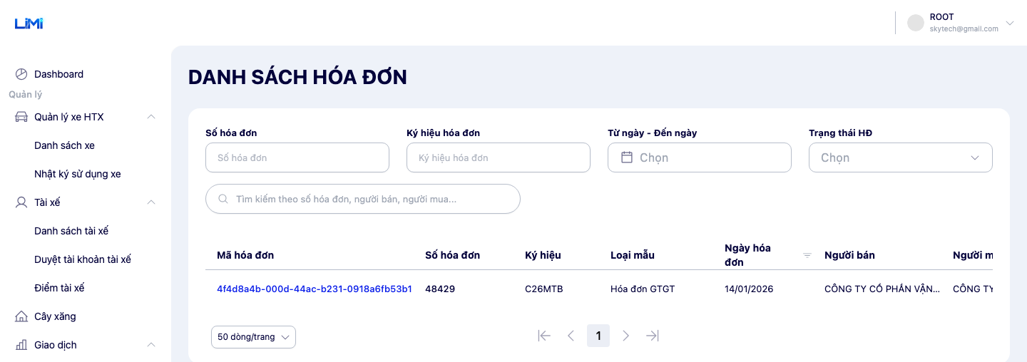 Màn hình danh sách hóa đơn GDT