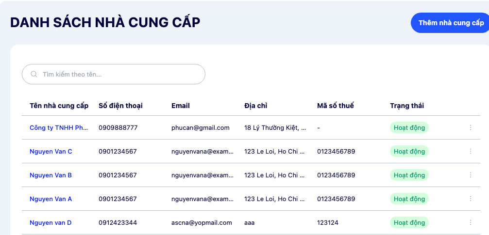 Màn hình danh sách nhà cung cấp