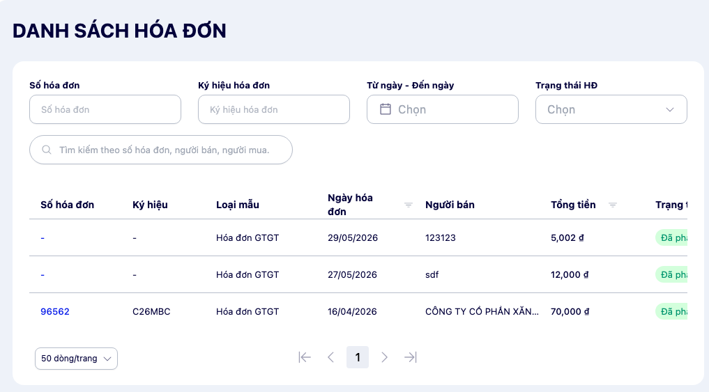 Màn hình danh sách hóa đơn đầu vào