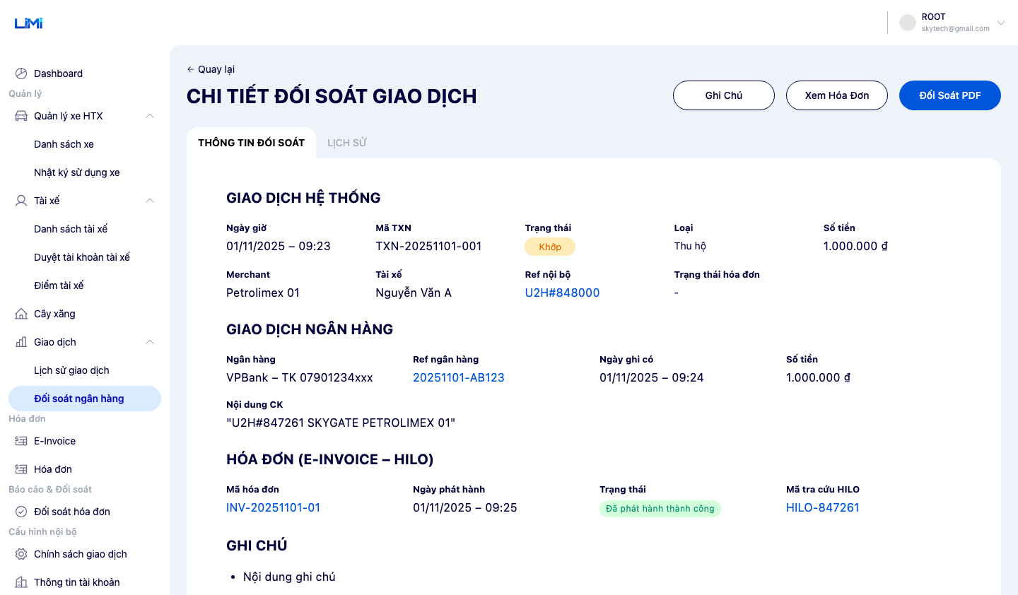 Màn hình chi tiết đối soát giao dịch