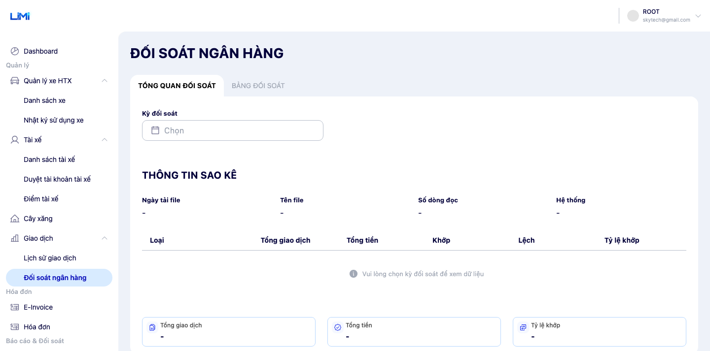 Màn hình tổng quan đối soát khi chưa chọn kỳ