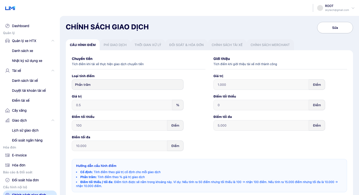 Màn hình chính sách giao dịch