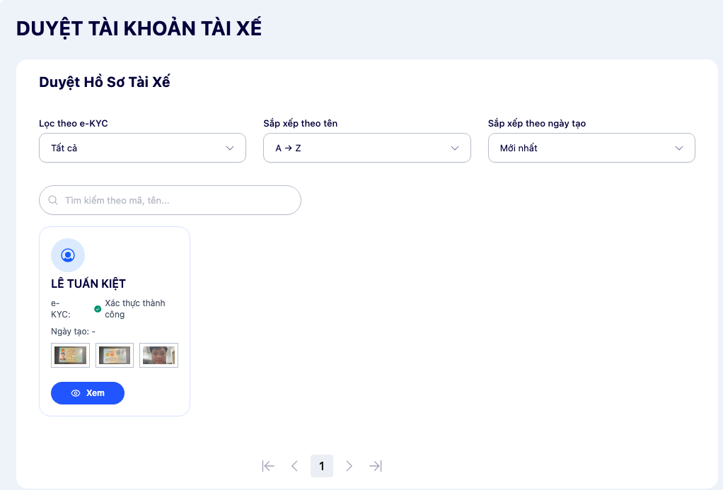 Màn hình duyệt tài khoản tài xế
