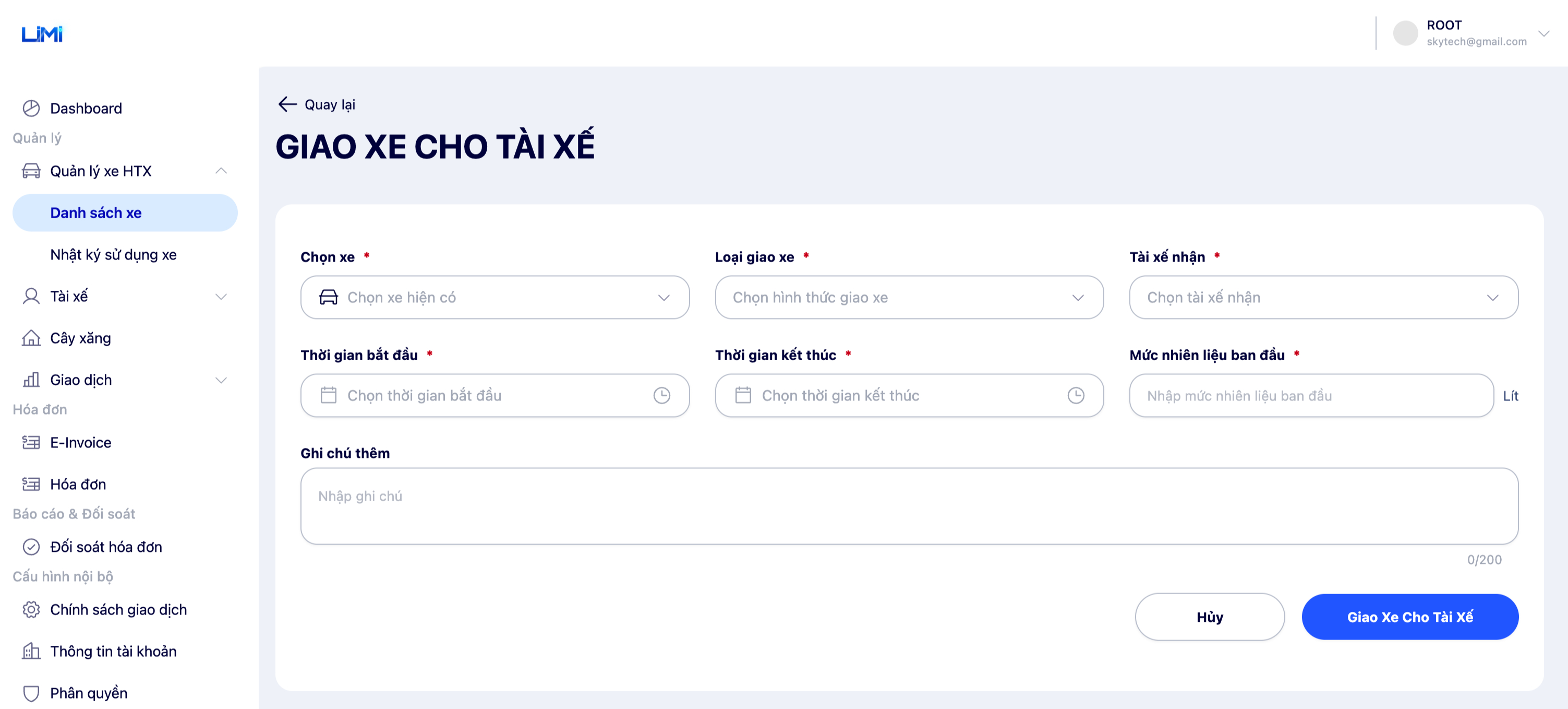 Màn hình giao xe cho tài xế