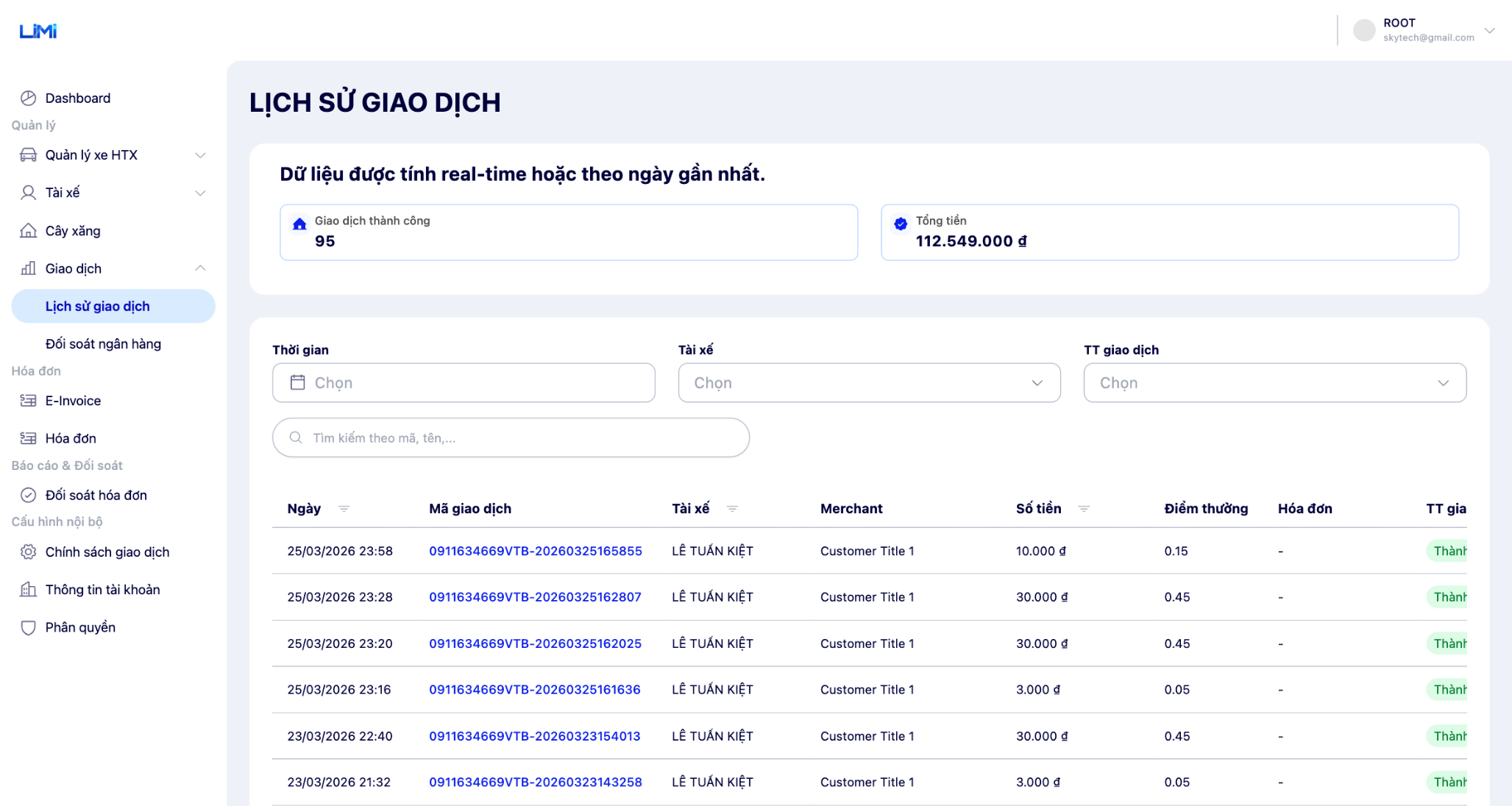 Màn hình lịch sử giao dịch