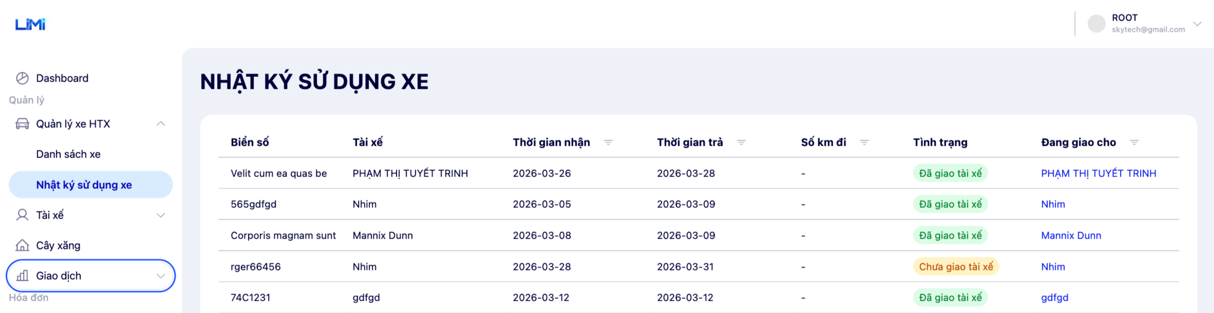 Màn hình nhật ký sử dụng xe